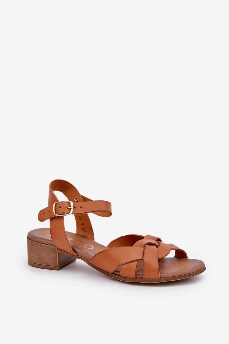 New Skórzane Sandały Na Delikatnym Obcasie 40372 Brązowe Damskie Sandały Na Obcasie