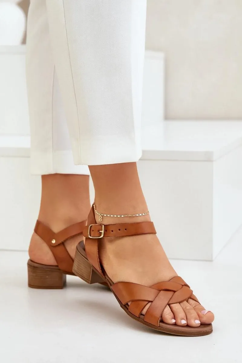 New Skórzane Sandały Na Delikatnym Obcasie 40372 Brązowe Damskie Sandały Na Obcasie