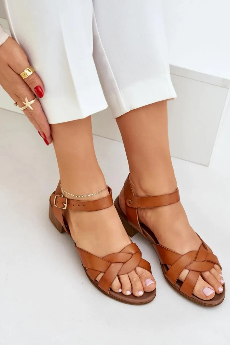 New Skórzane Sandały Na Delikatnym Obcasie 40372 Brązowe Damskie Sandały Na Obcasie