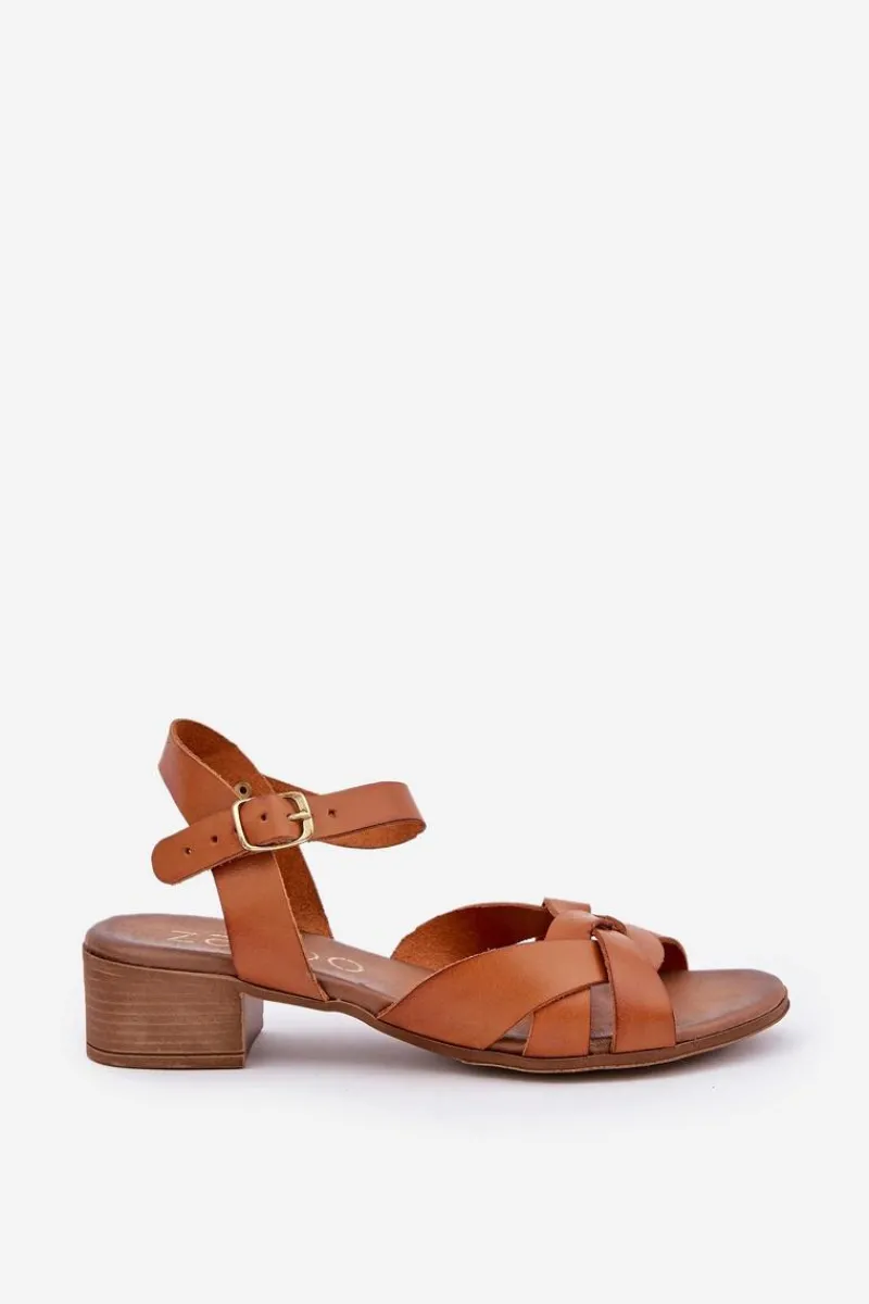 New Skórzane Sandały Na Delikatnym Obcasie 40372 Brązowe Damskie Sandały Na Obcasie