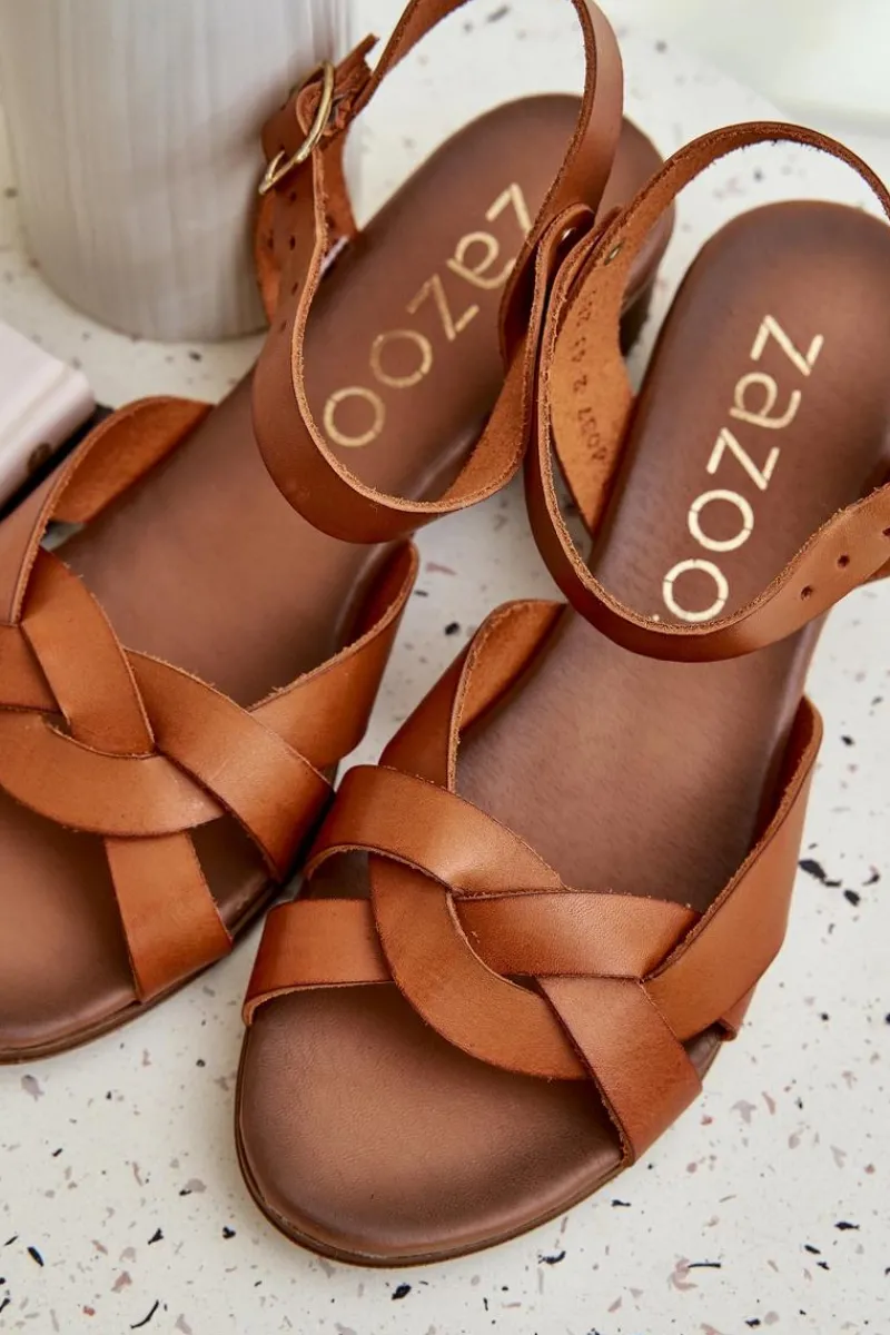New Skórzane Sandały Na Delikatnym Obcasie 40372 Brązowe Damskie Sandały Na Obcasie