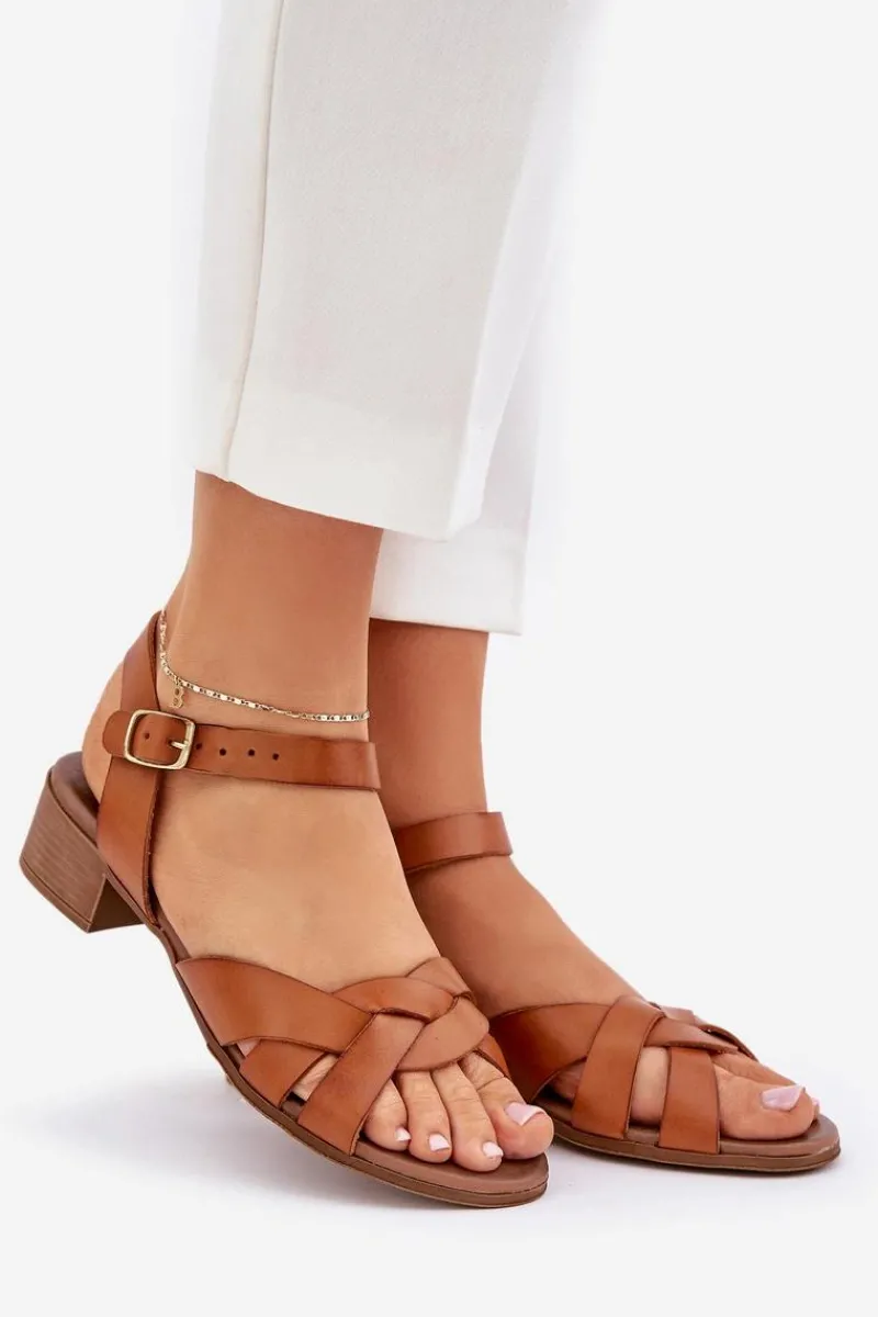 New Skórzane Sandały Na Delikatnym Obcasie 40372 Brązowe Damskie Sandały Na Obcasie