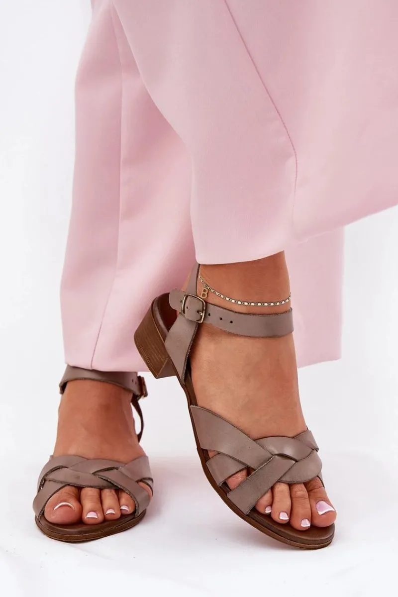 Zazoo Skórzane Sandały Na Delikatnym Obcasie 40372 Ciemnobeżowe Beżowy