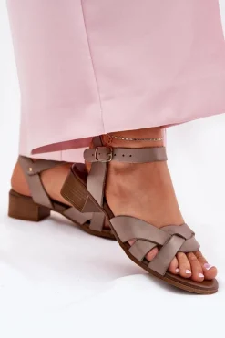 Zazoo Skórzane Sandały Na Delikatnym Obcasie 40372 Ciemnobeżowe Beżowy