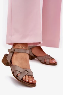 Zazoo Skórzane Sandały Na Delikatnym Obcasie 40372 Ciemnobeżowe Beżowy