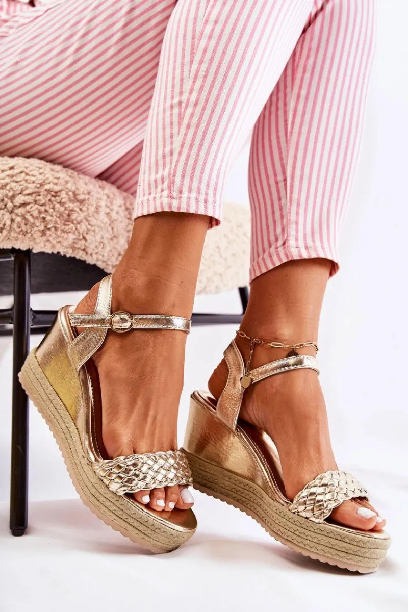 Hot Boto Skórzane Sandały Na Koturnie Złote Gabriela