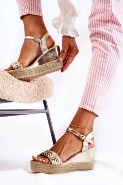 Hot Boto Skórzane Sandały Na Koturnie Złote Gabriela