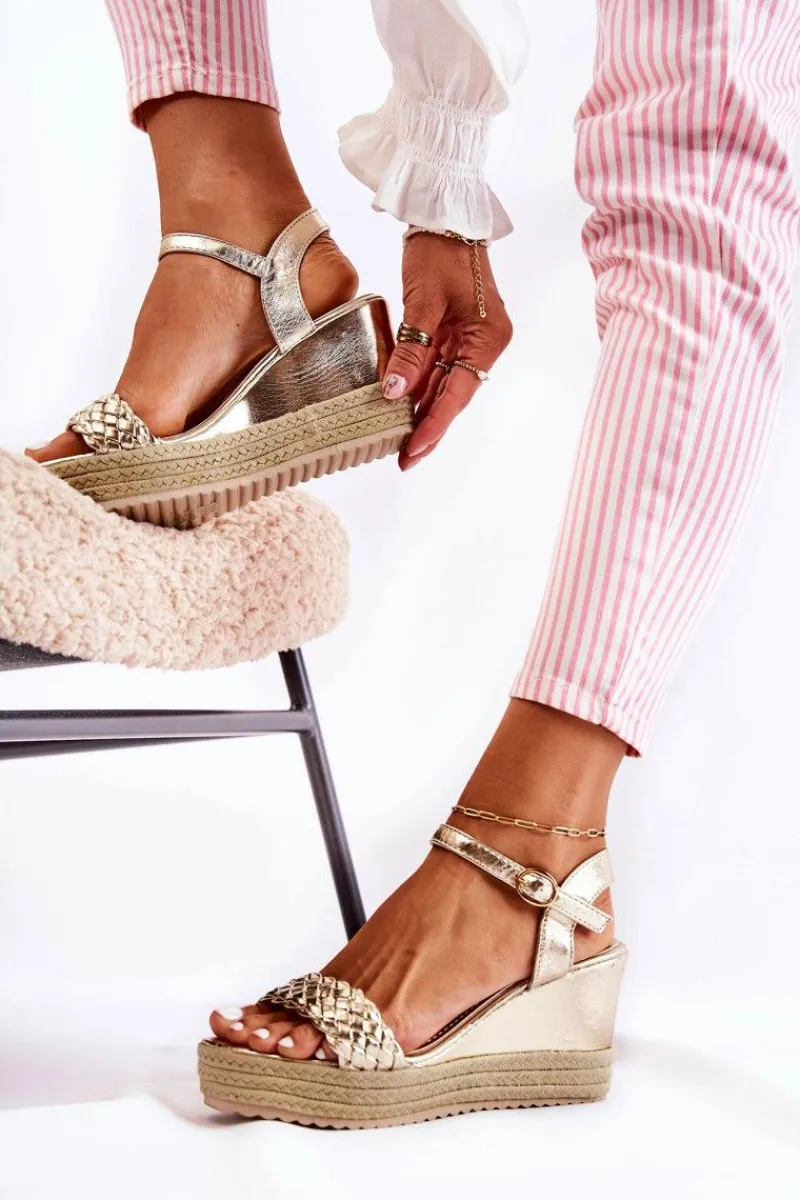 Hot Boto Skórzane Sandały Na Koturnie Złote Gabriela