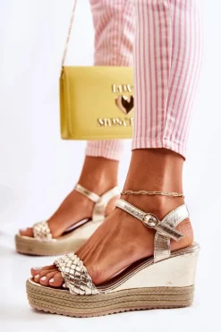 Hot Boto Skórzane Sandały Na Koturnie Złote Gabriela