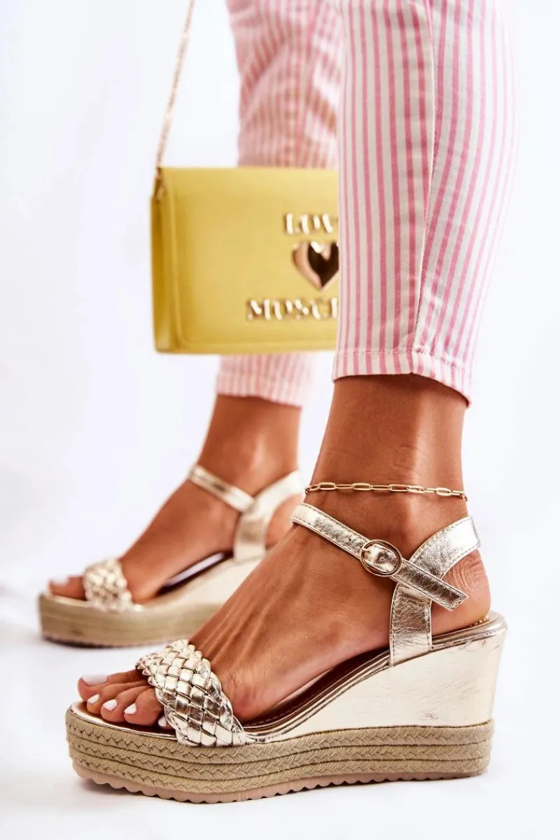 Hot Boto Skórzane Sandały Na Koturnie Złote Gabriela