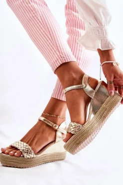 Hot Boto Skórzane Sandały Na Koturnie Złote Gabriela