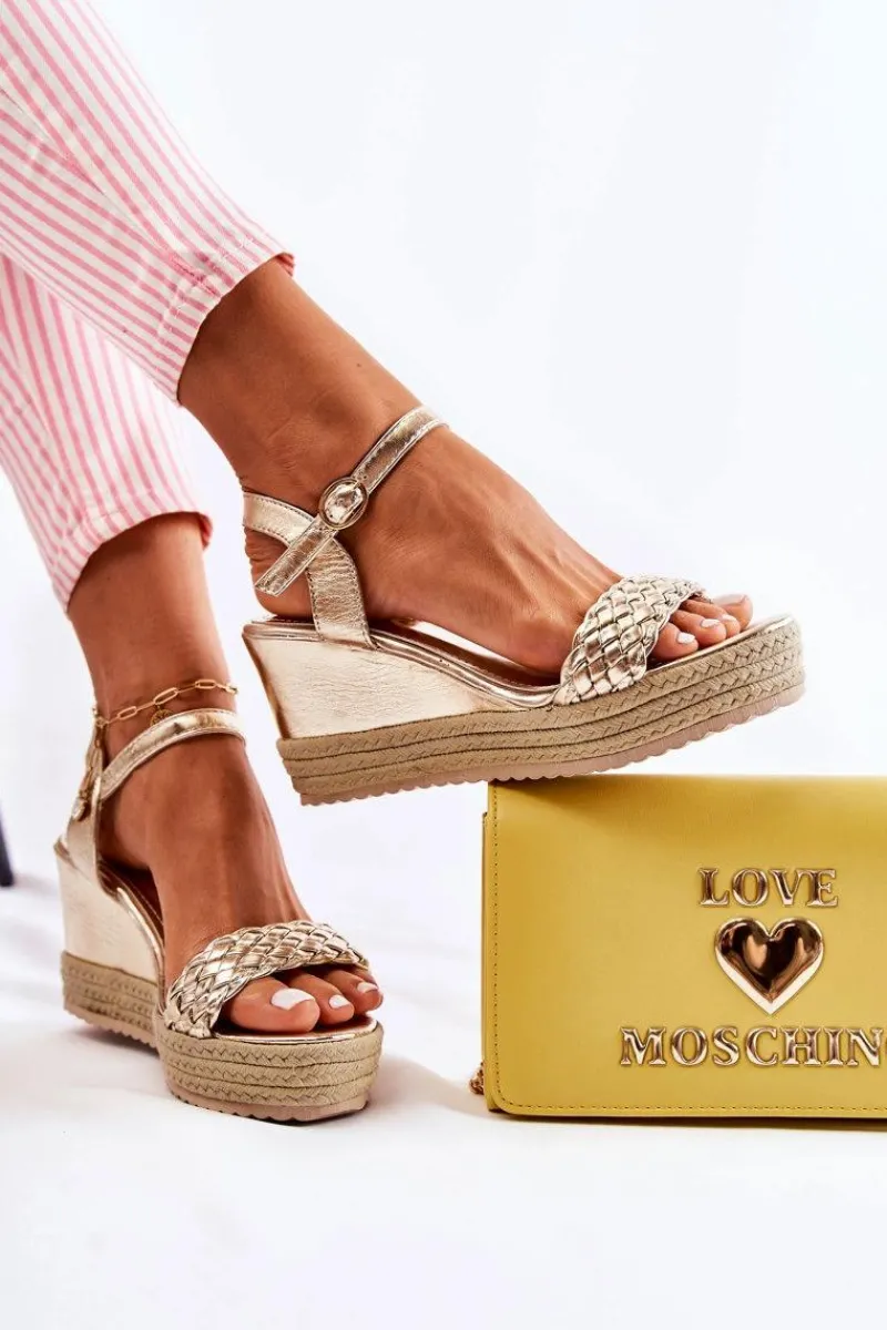 Hot Boto Skórzane Sandały Na Koturnie Złote Gabriela