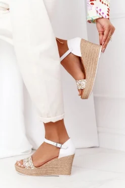 Clearance Skórzane Sandały Na Koturnie L4869-11 Białe Damskie Sandały Na Koturnie