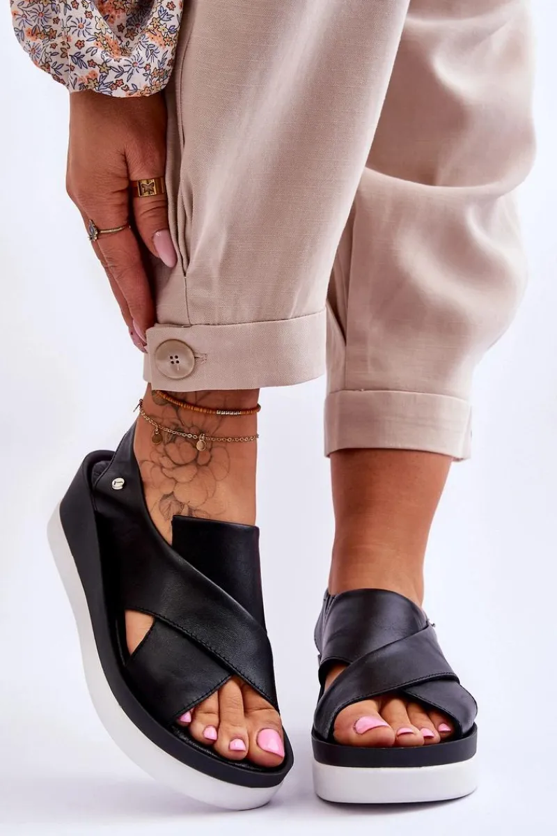 Sandały Na Obcasie|Sandały Na Koturnie>Zazoo Skórzane Sandały Na Koturnie Czarne Morgan