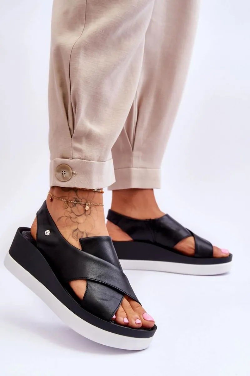 Sandały Na Obcasie|Sandały Na Koturnie>Zazoo Skórzane Sandały Na Koturnie Czarne Morgan