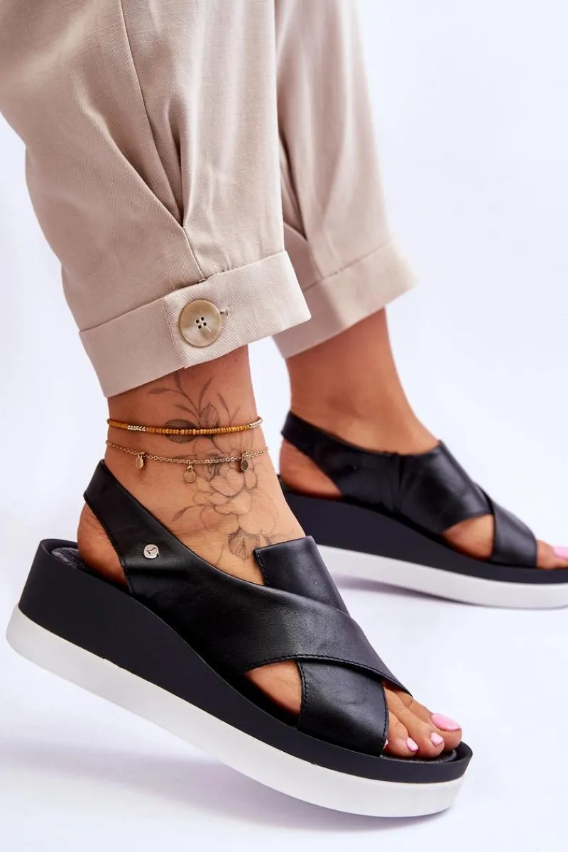 Sandały Na Obcasie|Sandały Na Koturnie>Zazoo Skórzane Sandały Na Koturnie Czarne Morgan