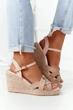 Sale Big Star Shoes Skórzane Sandały Na Koturnie Big Star HH274380 Beżowe