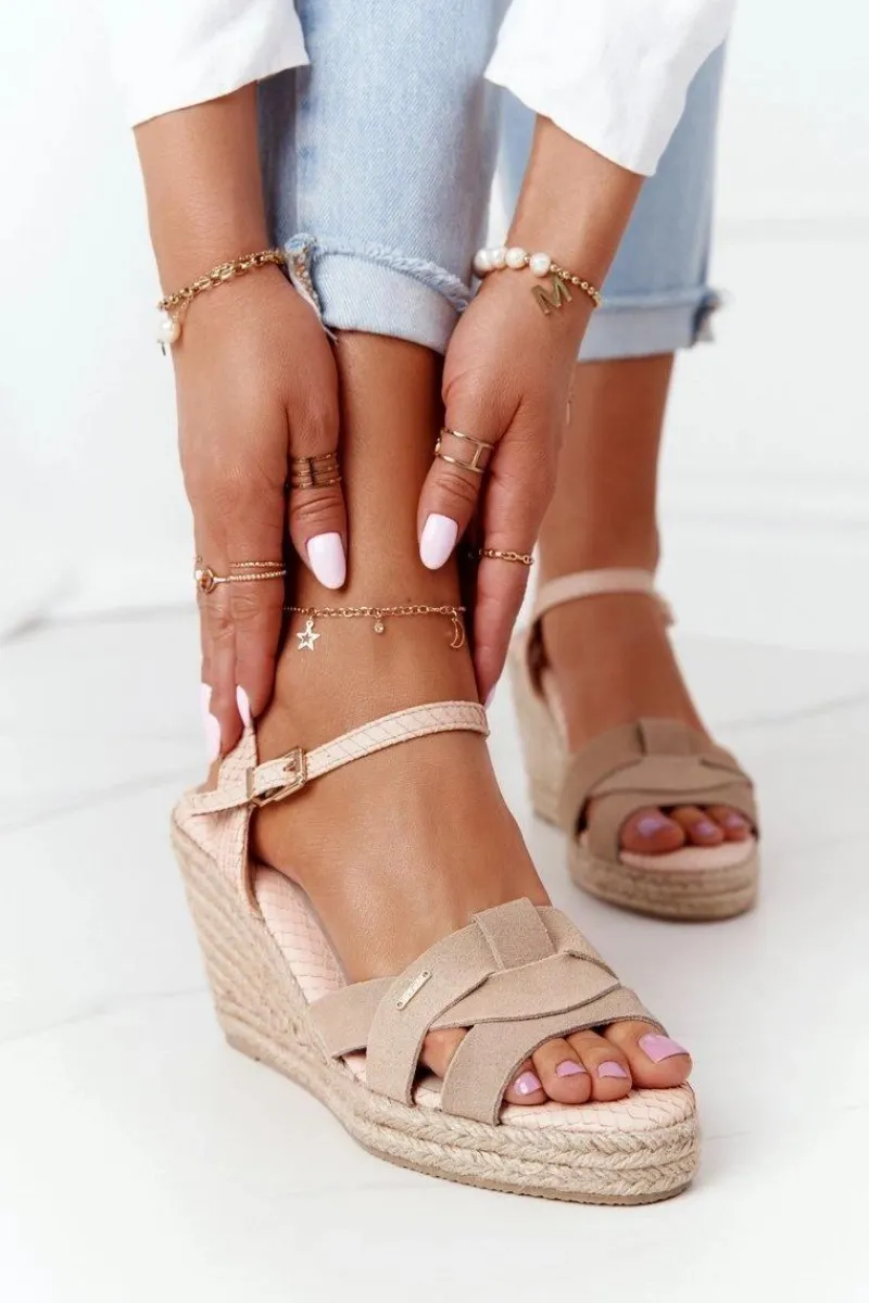 Sale Big Star Shoes Skórzane Sandały Na Koturnie Big Star HH274380 Beżowe