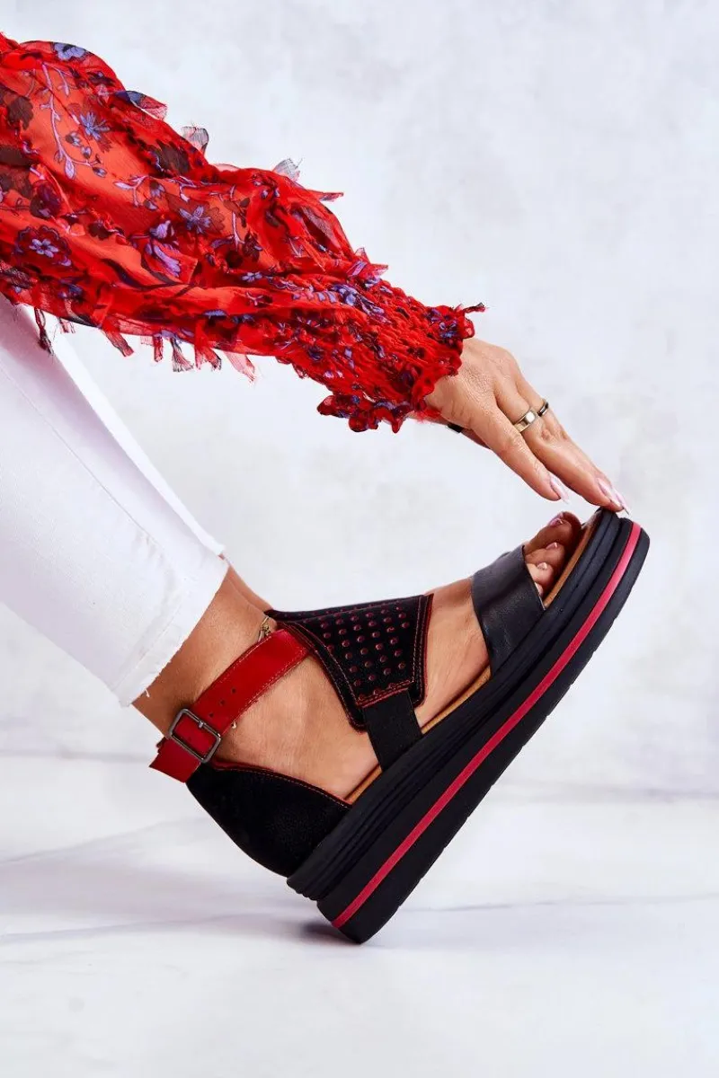 Outlet Skórzane Sandały Na Koturnie 05356-01 Czarno-Czerwone Damskie Sandały Na Koturnie