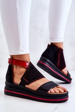 Outlet Skórzane Sandały Na Koturnie 05356-01 Czarno-Czerwone Damskie Sandały Na Koturnie