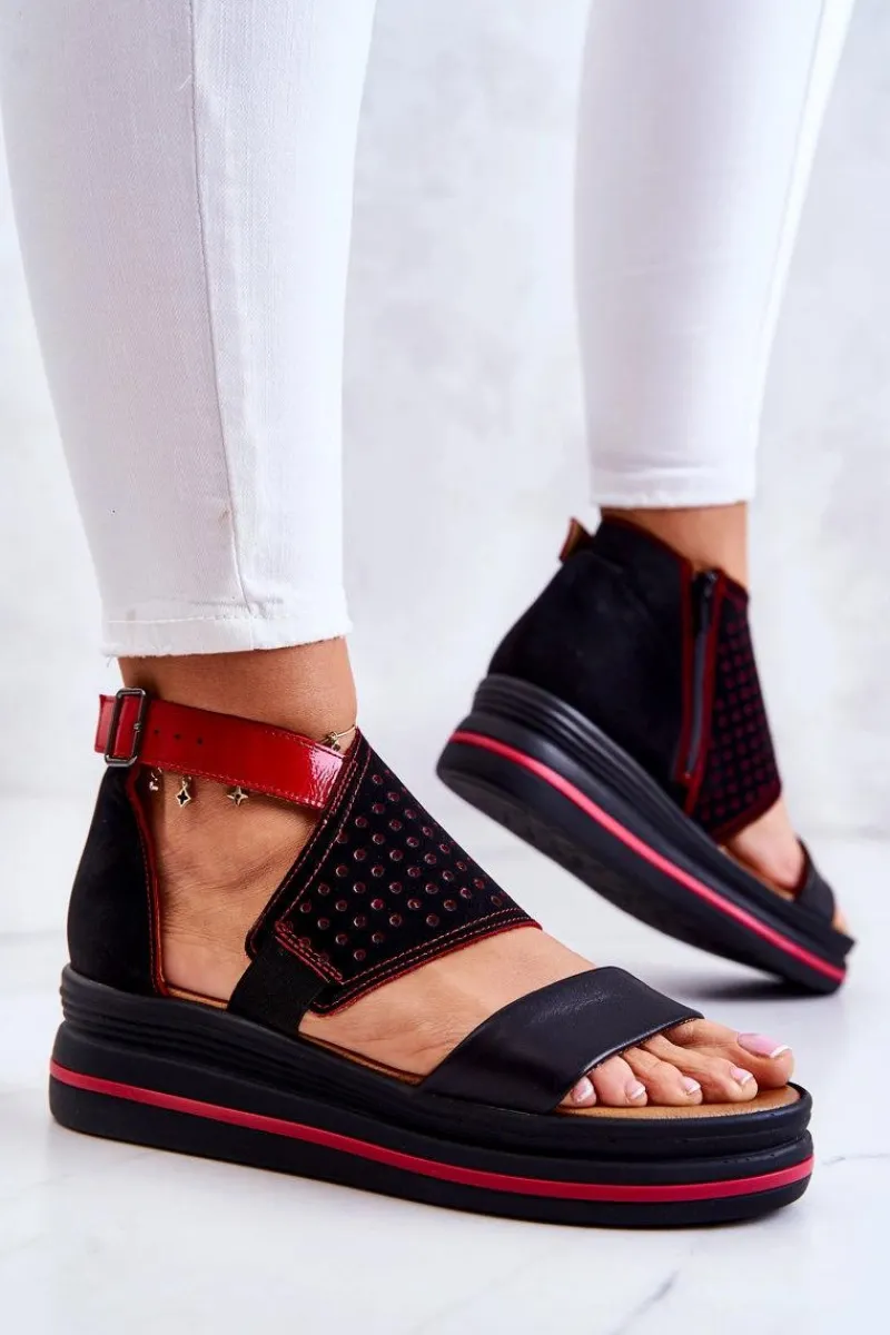 Outlet Skórzane Sandały Na Koturnie 05356-01 Czarno-Czerwone Damskie Sandały Na Koturnie