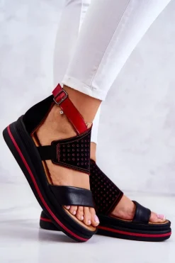 Outlet Skórzane Sandały Na Koturnie 05356-01 Czarno-Czerwone Damskie Sandały Na Koturnie
