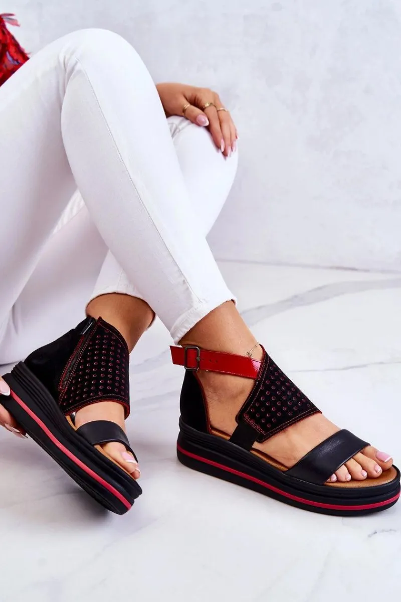 Outlet Skórzane Sandały Na Koturnie 05356-01 Czarno-Czerwone Damskie Sandały Na Koturnie