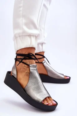 Sandały Na Obcasie|Sandały Na Koturnie></noscript>Zazoo Skórzane Sandały Na Koturnie Nicole 2743/063 Srebrno-Czarne