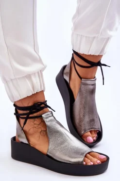 Sandały Na Obcasie|Sandały Na Koturnie></noscript>Zazoo Skórzane Sandały Na Koturnie Nicole 2743/063 Srebrno-Czarne