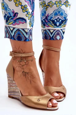 Skórzane Sandały Na Koturnie 2603/784 Złote Damskie Sandały Na Obcasie|Sandały Na Koturnie