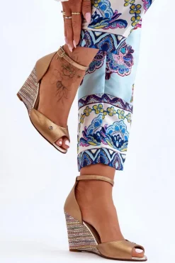 Skórzane Sandały Na Koturnie 2603/784 Złote Damskie Sandały Na Obcasie|Sandały Na Koturnie