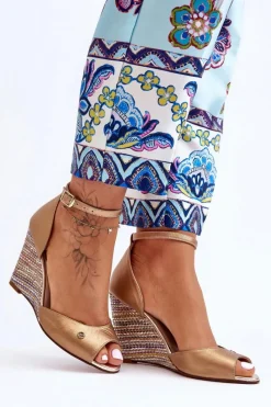 Skórzane Sandały Na Koturnie 2603/784 Złote Damskie Sandały Na Obcasie|Sandały Na Koturnie