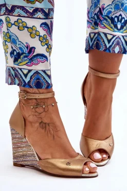 Skórzane Sandały Na Koturnie 2603/784 Złote Damskie Sandały Na Obcasie|Sandały Na Koturnie