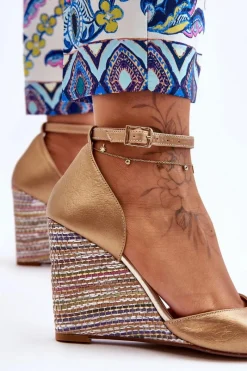 Skórzane Sandały Na Koturnie 2603/784 Złote Damskie Sandały Na Obcasie|Sandały Na Koturnie