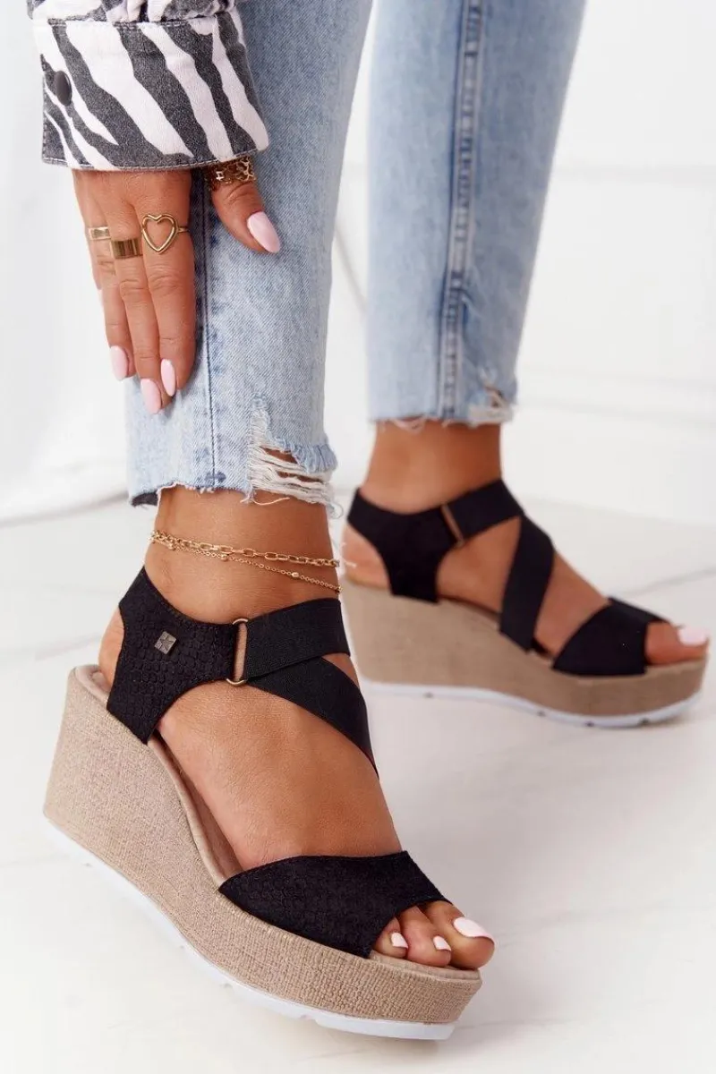 Clearance Big Star Shoes Skórzane Sandały Na Koturnie Big Star FF276016 Czarne