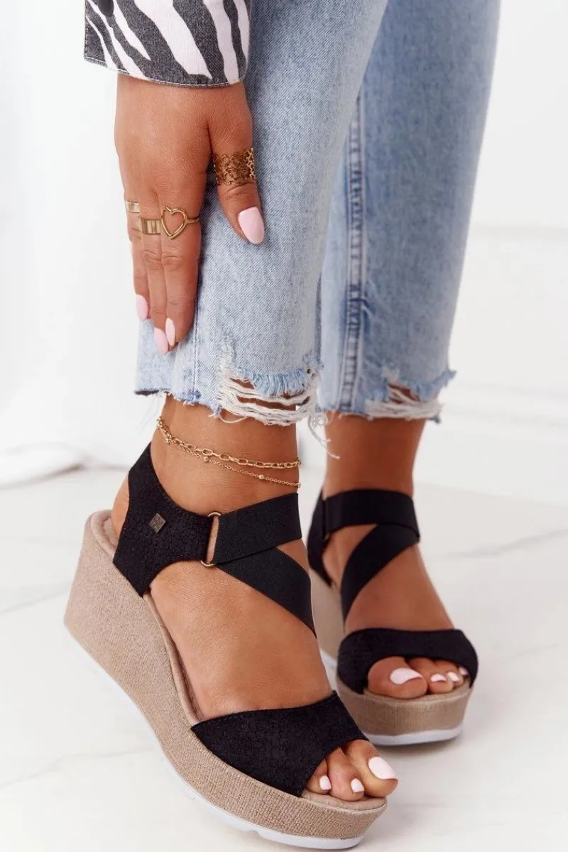 Clearance Big Star Shoes Skórzane Sandały Na Koturnie Big Star FF276016 Czarne