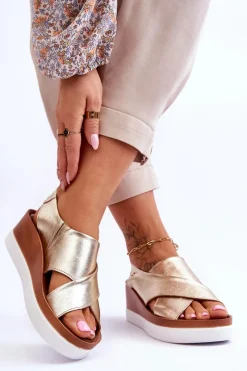 Online Skórzane Sandały Na Koturnie Złote Morgan Damskie Sandały Na Obcasie|Sandały Na Koturnie