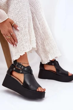 Clearance Skórzane Sandały Na Koturnie 1732 Czarne Damskie Sandały Z Cholewką|Sandały Na Obcasie