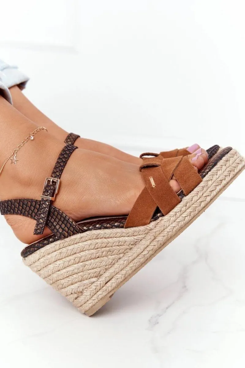 Sandały Big Star|Sandały Na Koturnie>Big Star Shoes Skórzane Sandały Na Koturnie Big Star HH274377 Brązowe