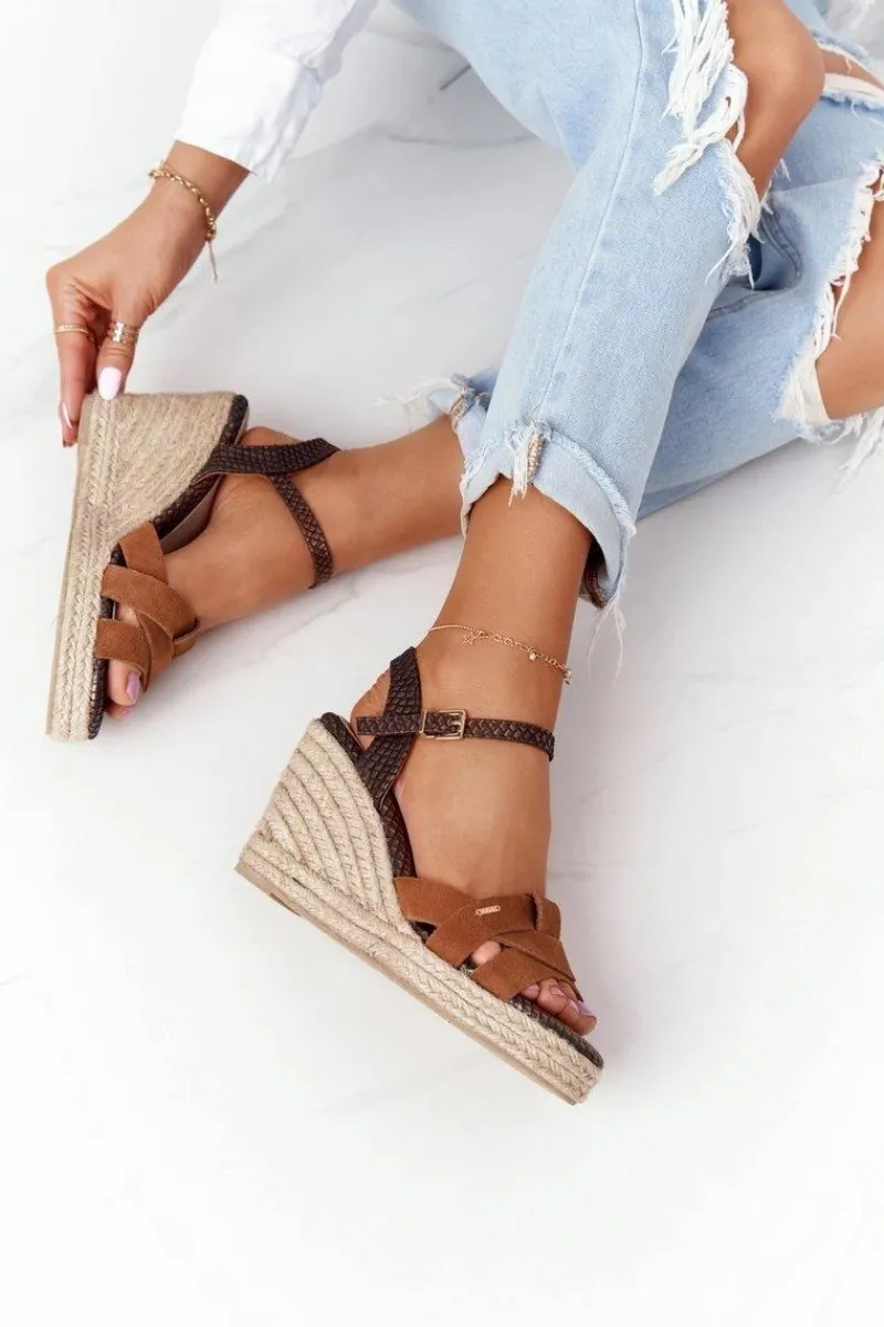 Sandały Big Star|Sandały Na Koturnie>Big Star Shoes Skórzane Sandały Na Koturnie Big Star HH274377 Brązowe