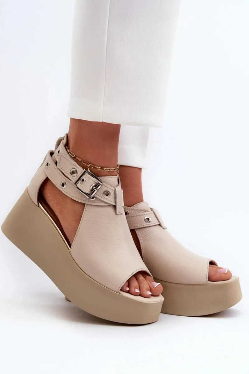 Outlet Zazoo Skórzane Sandały Na Koturnie Beżowe 1732 Beżowy