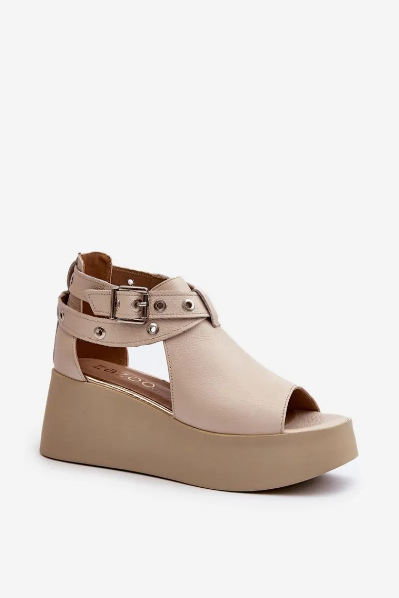 Outlet Zazoo Skórzane Sandały Na Koturnie Beżowe 1732 Beżowy