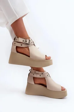 Outlet Zazoo Skórzane Sandały Na Koturnie Beżowe 1732 Beżowy