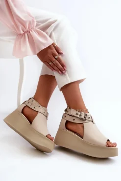 Outlet Zazoo Skórzane Sandały Na Koturnie Beżowe 1732 Beżowy