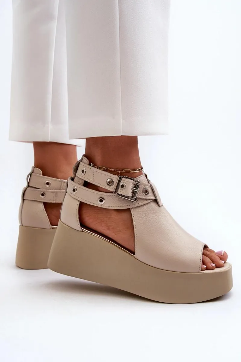 Outlet Zazoo Skórzane Sandały Na Koturnie Beżowe 1732 Beżowy