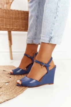 Online Skórzane Sandały Na Koturnie 2253 Granatowe Damskie Sandały Na Koturnie