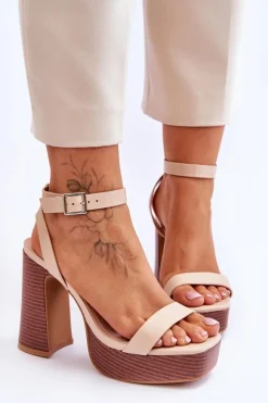 Skórzane Sandały Na Masywnej Platformie Beżowe Marina Damskie Sandały Na Słupku|Sandały Na Obcasie