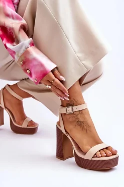 Skórzane Sandały Na Masywnej Platformie Beżowe Marina Damskie Sandały Na Słupku|Sandały Na Obcasie