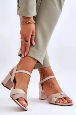 Best Skórzane Sandały Na Niskim Obcasie Sergio Leone SK898 Beżowe Damskie Sandały Na Obcasie