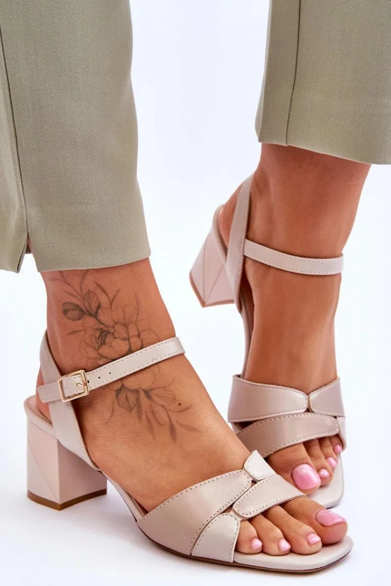 Best Skórzane Sandały Na Niskim Obcasie Sergio Leone SK898 Beżowe Damskie Sandały Na Obcasie